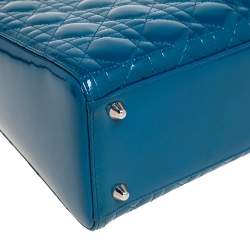 Pre Owned Dior Teal Blue Cannage Patent Leather Large Lady Dior Tote