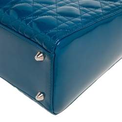 Pre Owned Dior Teal Blue Cannage Patent Leather Large Lady Dior Tote