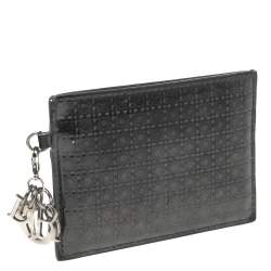Pre Owned Dior Dark Grey Microcannage Patent Leather Lady Dior Card Holder