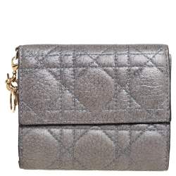 Pre Owned Dior Metallic Cannage Leather Lady Dior French Wallet