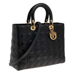 Pre Owned Dior Black Cannage Leather Large Lady Dior Tote