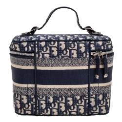 Pre Owned Dior Blue Oblique Canvas Travel Vanity Case Top Handle Bag