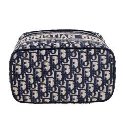 Pre Owned Dior Blue Oblique Canvas Travel Vanity Case Top Handle Bag