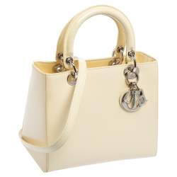 Pre Owned Dior Cream Glazed Leather Medium Lady Dior Tote