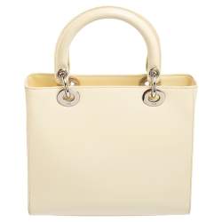 Pre Owned Dior Cream Glazed Leather Medium Lady Dior Tote