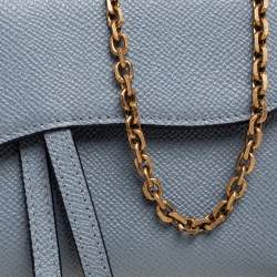Pre Owned Dior Stone Blue Leather Saddle Wallet on Chain
