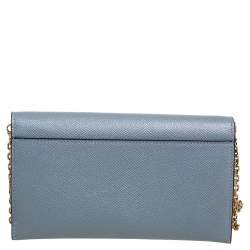 Pre Owned Dior Stone Blue Leather Saddle Wallet on Chain