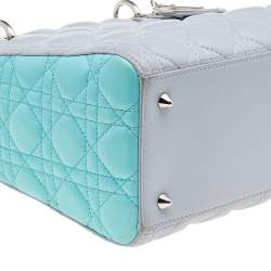 Pre Owned Dior Grey/Turquoise Cannage Leather Medium Lady Dior Tote