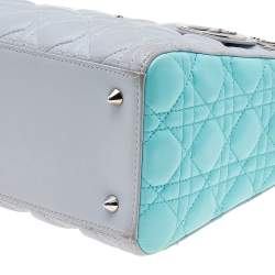 Pre Owned Dior Grey/Turquoise Cannage Leather Medium Lady Dior Tote