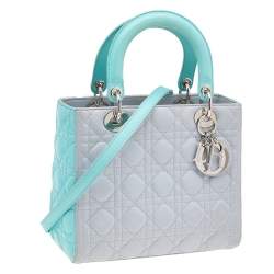 Pre Owned Dior Grey/Turquoise Cannage Leather Medium Lady Dior Tote