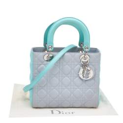 Pre Owned Dior Grey/Turquoise Cannage Leather Medium Lady Dior Tote