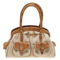 Pre Owned Dior Beige/Brown Canvas And Python Leather Vintage Double Pocket Satchel