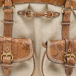 Pre Owned Dior Beige/Brown Canvas And Python Leather Vintage Double Pocket Satchel