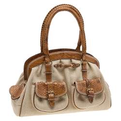 Pre Owned Dior Beige/Brown Canvas And Python Leather Vintage Double Pocket Satchel