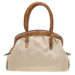 Pre Owned Dior Beige/Brown Canvas And Python Leather Vintage Double Pocket Satchel