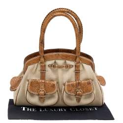 Pre Owned Dior Beige/Brown Canvas And Python Leather Vintage Double Pocket Satchel