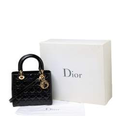 Pre Owned Dior Black Cannage Patent Leather Medium Lady Dior Tote