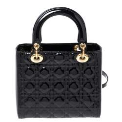 Pre Owned Dior Black Cannage Patent Leather Medium Lady Dior Tote