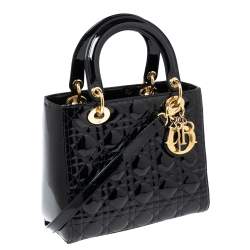 Pre Owned Dior Black Cannage Patent Leather Medium Lady Dior Tote
