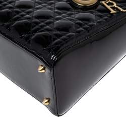Pre Owned Dior Black Cannage Patent Leather Medium Lady Dior Tote