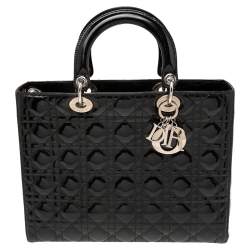 Pre Owned Dior Black Cannage Patent Leather Large Lady Dior Tote