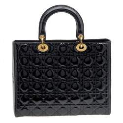 Pre Owned Dior Black Cannage Patent Leather Large Lady Dior Tote