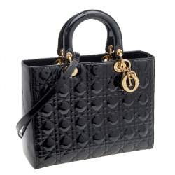 Pre Owned Dior Black Cannage Patent Leather Large Lady Dior Tote