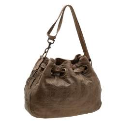 Pre Owned Dior Dark Beige Cannage Leather Medium Drawstring Tote