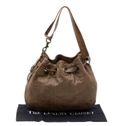 Pre Owned Dior Dark Beige Cannage Leather Medium Drawstring Tote