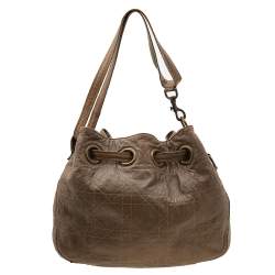 Pre Owned Dior Dark Beige Cannage Leather Medium Drawstring Tote