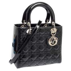 Pre Owned Dior Black Cannage Patent Leather Medium Lady Dior Tote