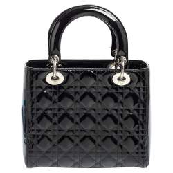 Pre Owned Dior Black Cannage Patent Leather Medium Lady Dior Tote