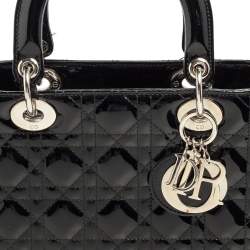 Pre Owned Dior Black Cannage Patent Leather Medium Lady Dior Tote