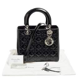 Pre Owned Dior Black Cannage Patent Leather Medium Lady Dior Tote