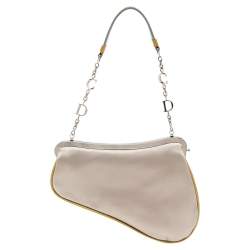 Pre Owned Dior Grey Satin And Patent Leather Trim Saddle Bag