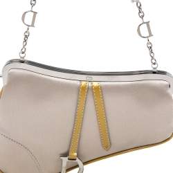 Pre Owned Dior Grey Satin And Patent Leather Trim Saddle Bag
