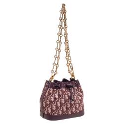 Pre Owned Dior Burgundy Oblique Canvas and Leather Drawstring Chain Bucket Bag