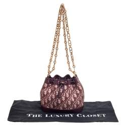 Pre Owned Dior Burgundy Oblique Canvas and Leather Drawstring Chain Bucket Bag