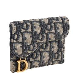 Pre Owned Dior Navy Blue/Beige Oblique Canvas Saddle Wallet