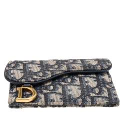 Pre Owned Dior Navy Blue/Beige Oblique Canvas Saddle Wallet