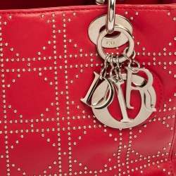 Pre Owned حقيبة يدتوتس كريستيان ديور ليدي ديور جلد أحمر كاناج مرصع فينتدج متوسطة