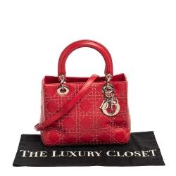 Pre Owned حقيبة يدتوتس كريستيان ديور ليدي ديور جلد أحمر كاناج مرصع فينتدج متوسطة