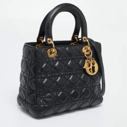 Pre Owned Dior Black Cannage Leather Medium Lady Dior Tote