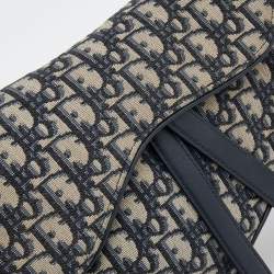 Pre Owned Dior Navy Blue/Beige Oblique Jacquard And Leather Saddle Bag