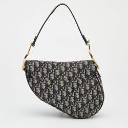 Pre Owned Dior Navy Blue/Beige Oblique Jacquard And Leather Saddle Bag