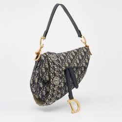 Pre Owned Dior Navy Blue/Beige Oblique Jacquard And Leather Saddle Bag