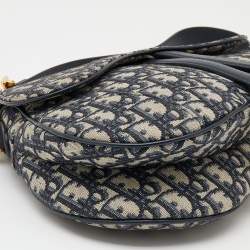 Pre Owned Dior Navy Blue/Beige Oblique Jacquard And Leather Saddle Bag