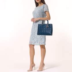 Pre Owned Dior Blue Cannage Leather Large Lady Dior Tote