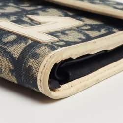 Pre Owned Dior Navy Blue/White Oblique Coated Denim and Patent Leather Trotter Trifold Wallet