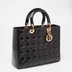 Pre Owned Dior Black Cannage Patent Leather Large Lady Dior Tote